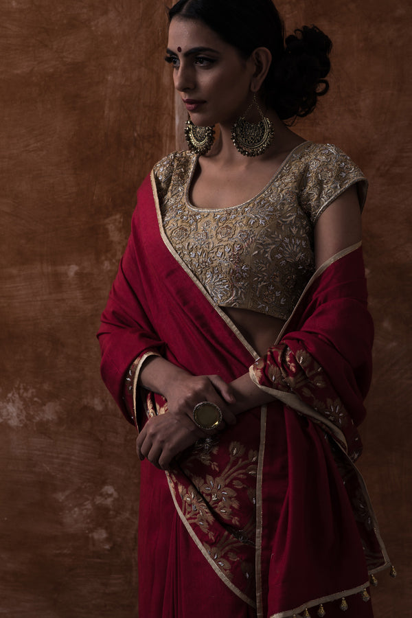 Red Saree, Gold tissue blouse