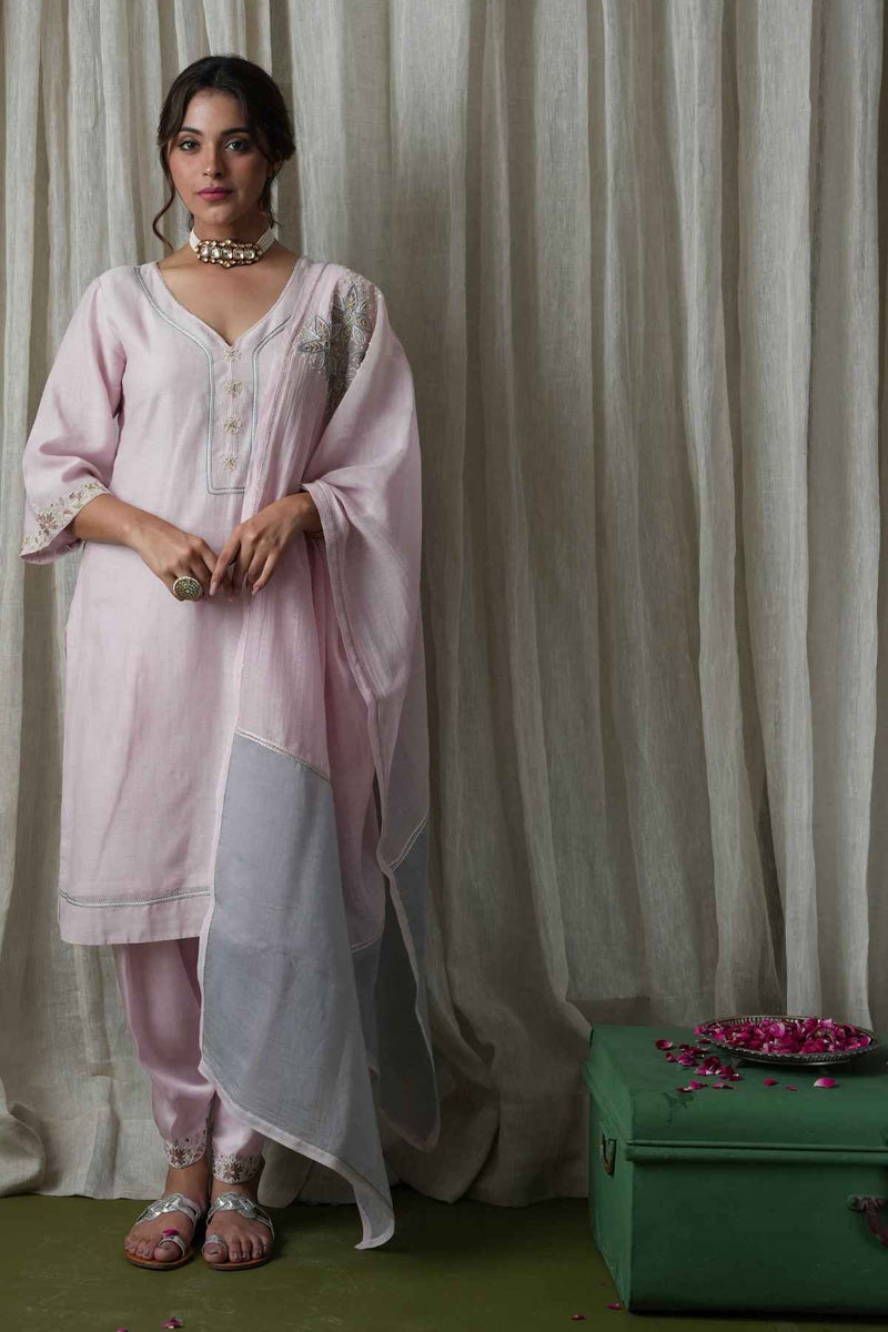 Pink Chanderi Silk Embroidered Kurta Peshwa Salwar Set
