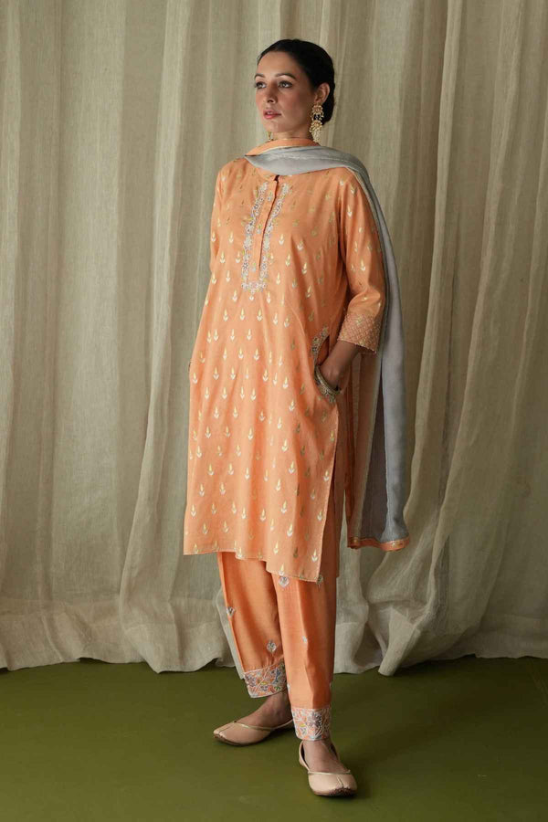 Orange Chanderi Zari Butti Kurta Peshwa Salwar Set