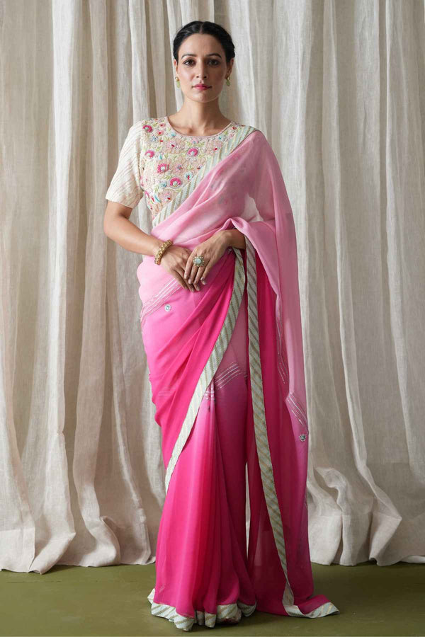 Double shaded Georgette Saree With Embroidered Blouse
