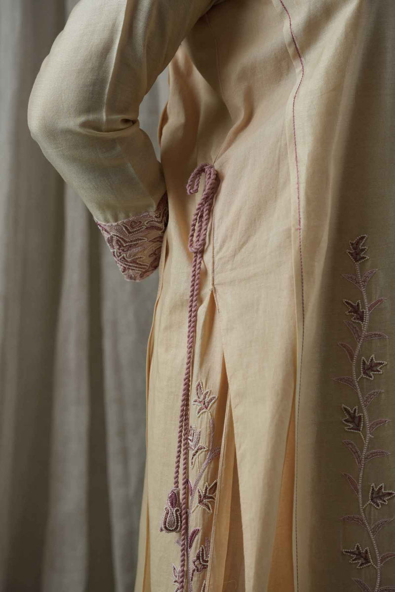 Beige Layered Chanderi Embroidered Layered Kurta & Pant Set