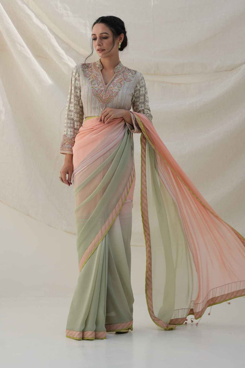 Double Shaded Saree With Embroidered Blouse