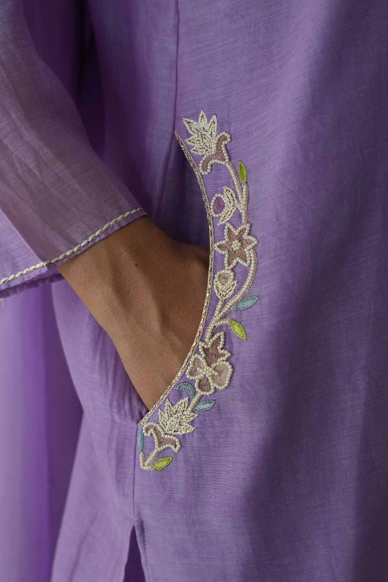 Purple Pearl Embroidered Placket Kurta Sharara Set