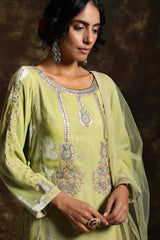 Pista Velvet Kurta and Having A Net Dupatta With Embroidery Details with Brocade Jama