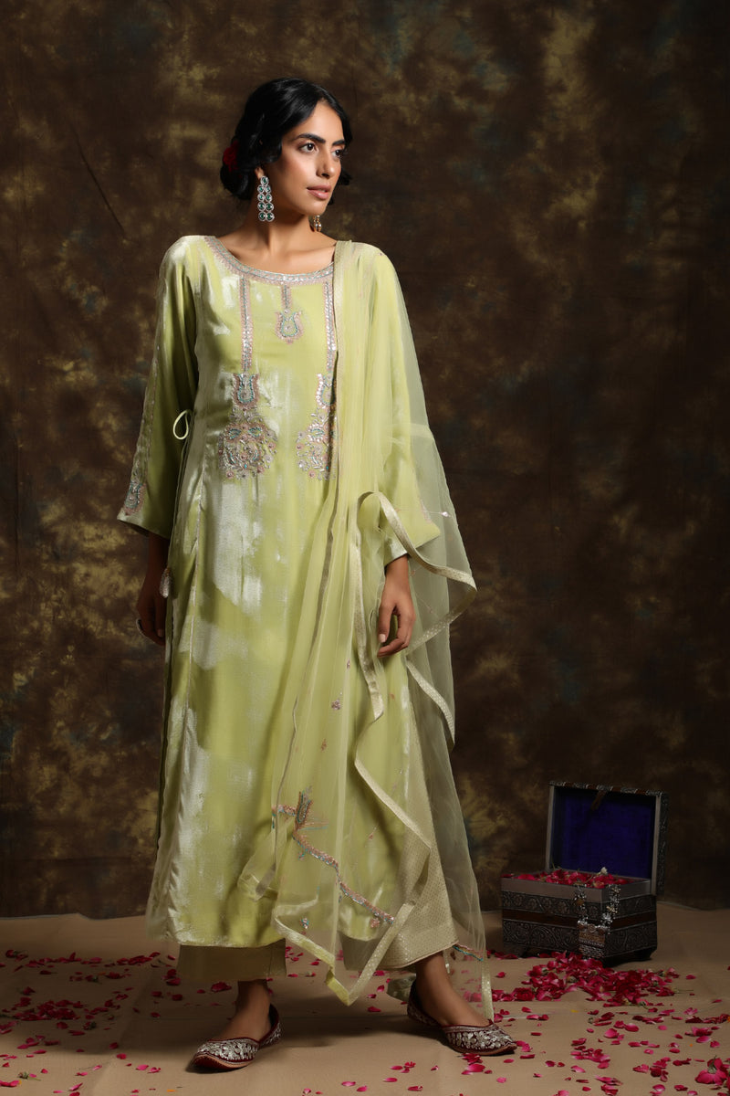 Pista Velvet Kurta and Having A Net Dupatta With Embroidery Details with Brocade Jama